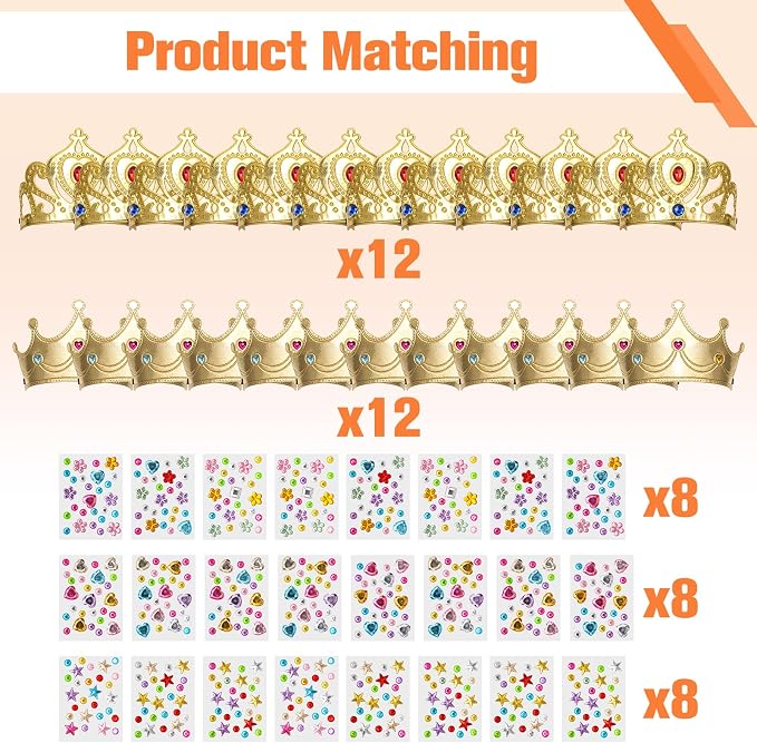 Bettoor 48 Pcs Foam Princess Crowns Set, Foam Crowns for Kids to Decorate, Crown Crafts for Kids to DIY Prince Crown Kit, Make Your Own Crowns with Rhinestone Stickers (24 Crown+24 Stickers)