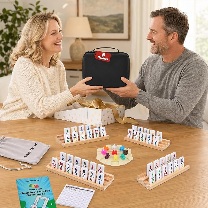 Mexican Train Dominoes Set Double 12 Number Domino Tiles, 91 Colorful Number Dominos Tiles with 8 Wooden Racks, Hub & Trains, Portable Domino Game Set for Adults Kids Families