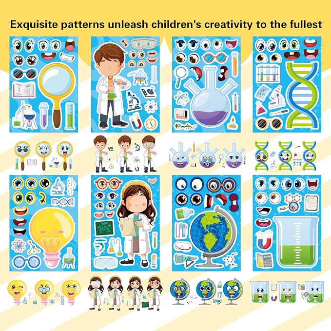 24 Sheets Science Stickers, Make-a-face Sticker for Kids Make Your Own Science Stickers, Laboratory Sticker Decals, Chemistry, Biology, Physics, Classroom Decor for School Teacher