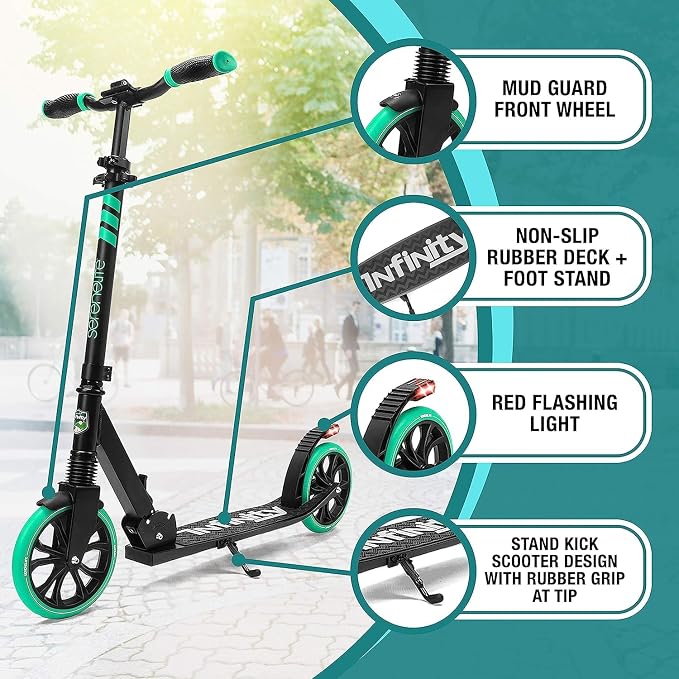 SereneLife Kick Scooter for Adults, Teenagers and Kids - 2 Wheel Scooter With Adjustable T-Bar Handlebar - Alloy Anti-Slip Deck - Portable Folding With Carrying Strap - Aqua