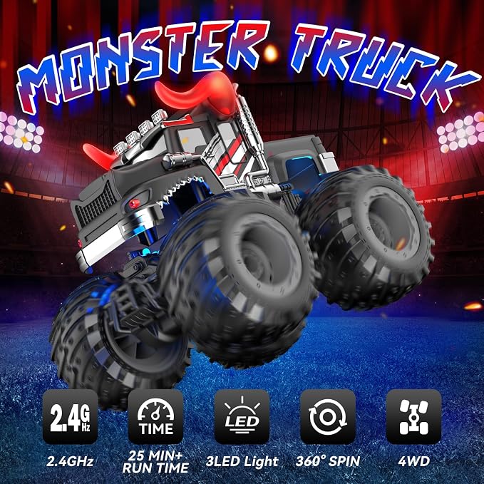 AUUGUU Remote Control Car, 2.4GHz Monster Trucks Toys with Light Spray, Birthday Gift for Kids 3 4 5 6 7 8, All Terrain RC Cars, Toddler Toys for Boys Girls 3+ Year Old (Bull)