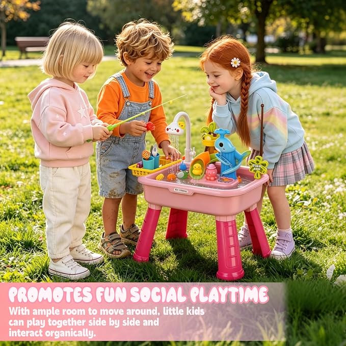 2026 Upgraded Water Table for Toddlers 1-3, Outdoor Water Play Table for Kids Ages 4-8 with Pump, Toddler Water Table, Play Sink with Running Water, Kitchen Sink Toy, Fishing Game, Sensory Table, Pink