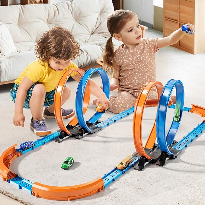 MSKOLER Car Race Track Sets for Kids 3 4 5 6 7 8 9 Years Old - Toy Car Track Set for Boys 3-5 6-8 8-12, Competitive Racing Game with 4 Small Cars, Boys Toy, Gifts Toys Cars for Toddlers Girls 3-8