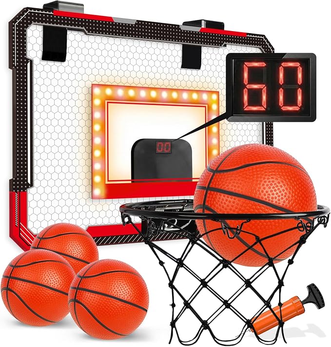 TOY Life LED Indoor Basketball Hoop for Kids, Over The Door Basketball Hoop Indoor Wall Mount with LED Scoreboard 4 Balls&Inflator, Basketball Game Toy for 3-9 Year Old
