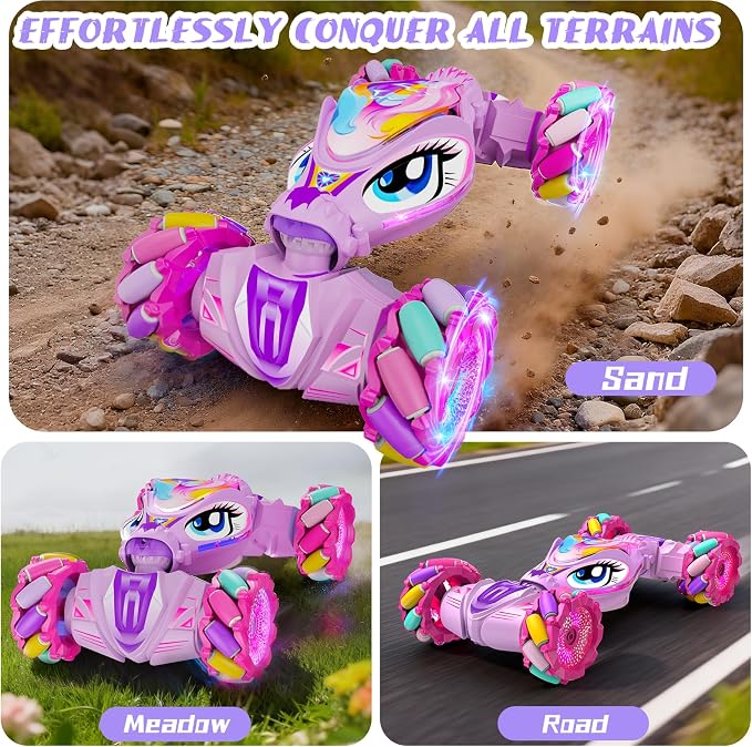 Unicorn Remote Control Car for Girls Age 6-8-12, Pink RC Gesture Sensing Stunt Cars, 2.4Ghz 4WD RC Cars Hand Controlled Remote Control Twist Car with Light & Music, Gift for Kids Age 6 7 8 9 10 11 12+