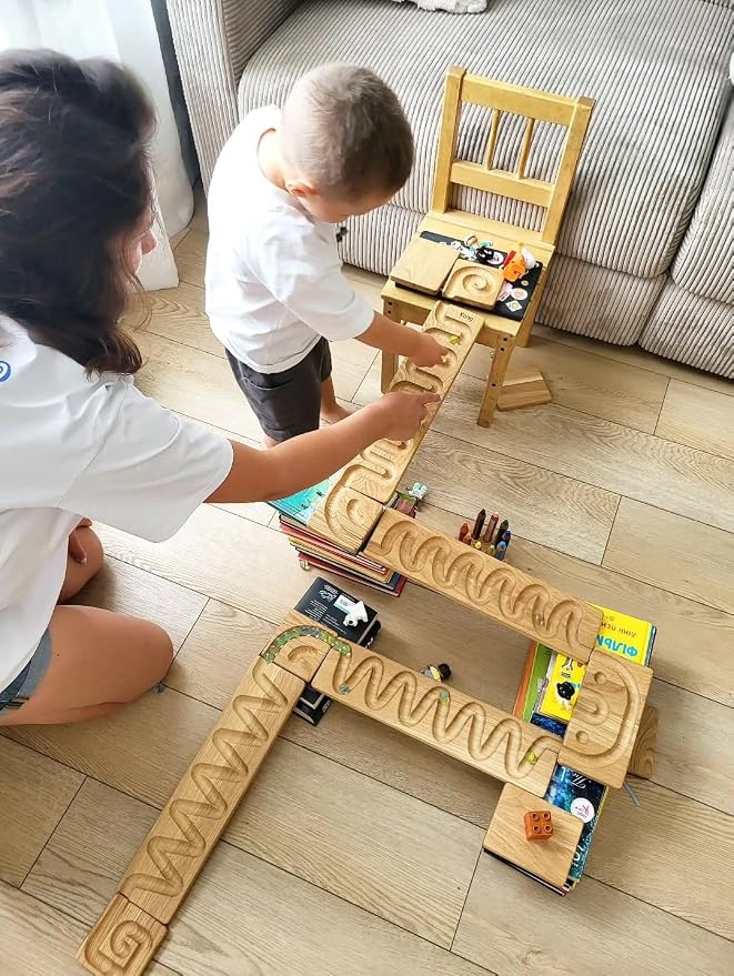 Marble Run Track Race Personalized Wooden Maze Board Ball Run Course Gift for Kids Run Race Winding Track Roller (Set of 4)