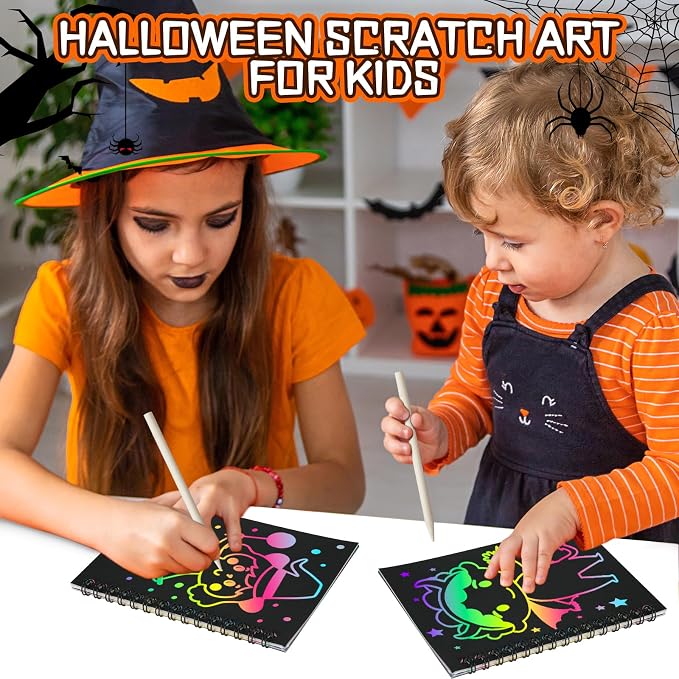 Halloween Scratch Art Party Favors: 16 Pack Rainbow Scratch Notebook Paper Party Favors for Kids Halloween Goodie Bags Stuffers Girls Boys Art Craft Birthday Gifts for Students Classroom