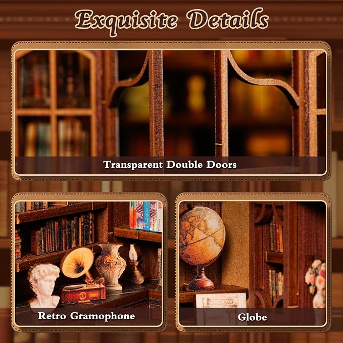 DIY Miniature House Kit, Library Book Nook Kit, 3D Wooden Puzzles Bookshelf Craft Kits, Dollhouse Kit with LED Light, Mini Building Kit for Adults Teen to Build (Retro Bookstore)