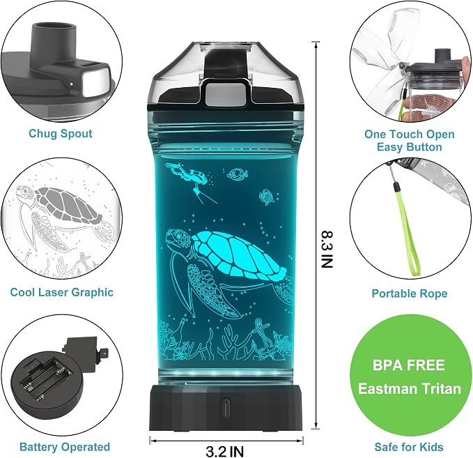 Lightzz Kids Water Bottle with 3D Glowing Turtle LED Light - Tritan BPA Free - Creative Ideal Travel Cup Ocean Gift for Back to School Girl Boy Child Holiday Camping Picnic (Sea Turtle 14 Oz)