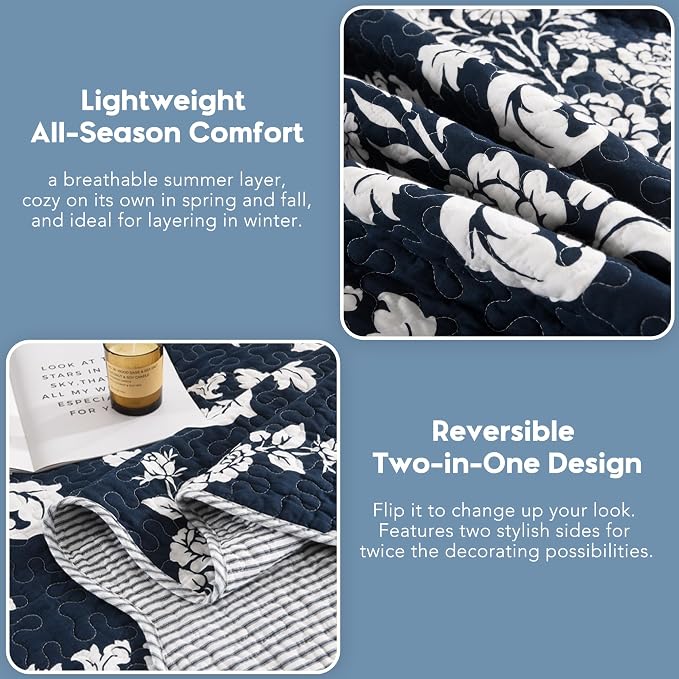 Navy Blue Quilt Set King Size, 100% Cotton Reversible Farmhouse Quilt with Elegant Botanical Floral Pattern, Scalloped Edge Bedspread Coverlet, Lightweight All Season Bedding Set with 2 Shams