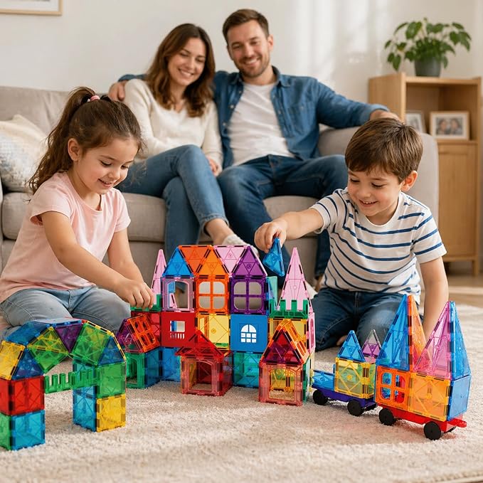 AFUNX Magnetic Tiles,102PCS Magnetic Building Blocks 3D Clear Construction Playboards, Inspiration, Creativity Beyond Imagination, Educational Magnet Toy Set for Kids with 2 Cars
