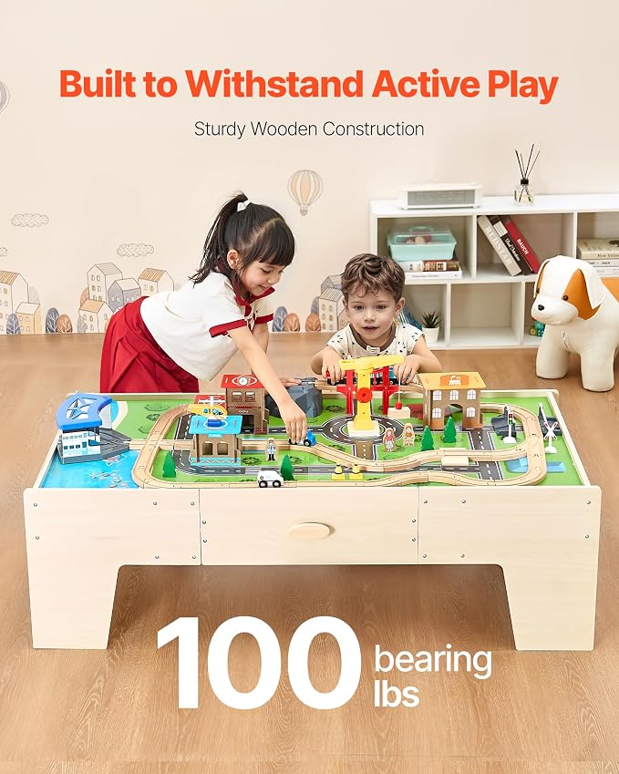 VEVOR Train Table, 62 Multicolor Pieces Wooden Kids Activity Table with Large Storage Drawer, 3-in-1 Wooden Train Set for Playing, Drawing, Reading, Eating, Creative Toy Set for Kids Ages 3+
