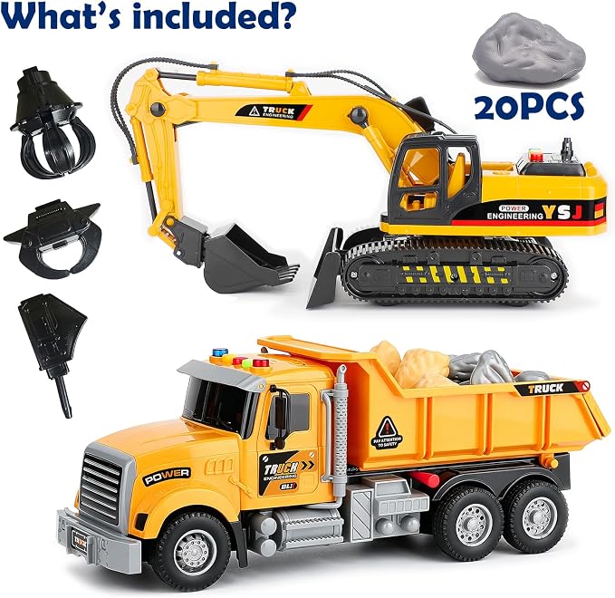 VGY 2 Pack Large Construction Engineering Truck Toys,Excavator Toys for Boys 3-5 Year Old with Moveable Claw,Trucks for Kids Ages 4-8 with Lifting Back Dump Truck,Christmas Birthday Gift for Toddlers