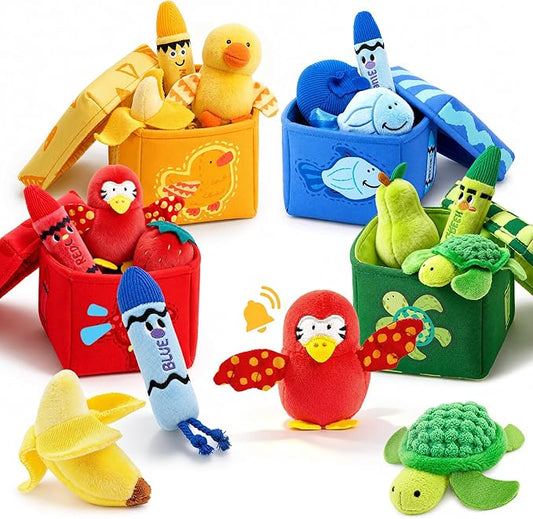 JoyCat Montessori Baby Toys 6-12 Months, 12 PCS Sensory Color Sorting Boxes with Animal Fruit Crinkle Crayon Pushies, First Learning Toys for 1 Year Old Baby Toys 0-12 Months