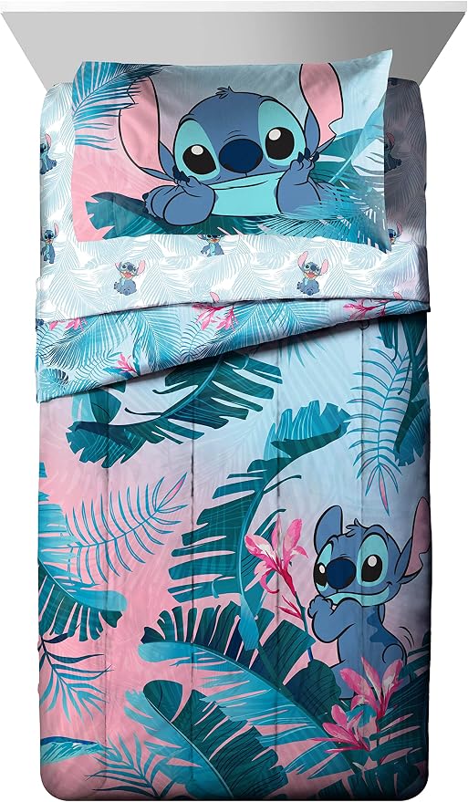 Jay Franco Disney Lilo & Stitch Floral Fun 5 Piece Twin Bed Set - Includes Reversible Comforter & Sheet Set Bedding - Super Soft Fade Resistant Microfiber