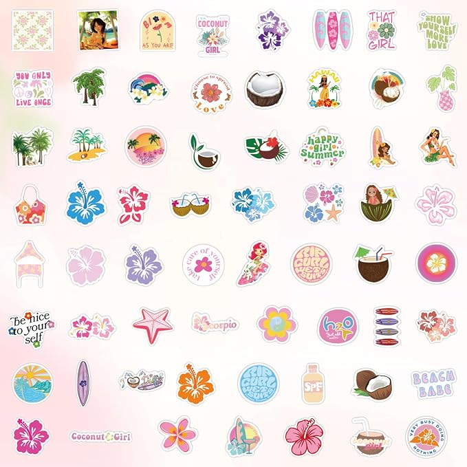 QTL Coconut Girl Stickers for Girls Teens, Summer Party Supplies, Waterproof Vinyl Stickers for Water Bottles Laptop, 60PCS