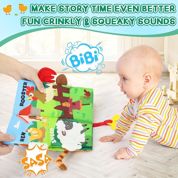 BBWOO Soft Baby Book Toy - Newborn Boy Girl Shower Gift - Tummy Time Toy for Infant 0-6 6-12 Months - Touch and Feel Sensory Crinkle Book with Teether - Baby Boy Girl Gift
