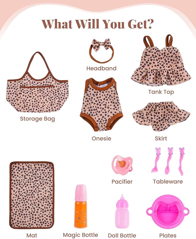 BABESIDE 13 PCS Baby Doll Clothes and Accessories for 10-12 inch Dolls, Baby Doll Feeding and Care Set with Carry Bag, Bottles, Tableware, Baby Doll Outfit for Doll Girl Boy (Leopard Pattern)