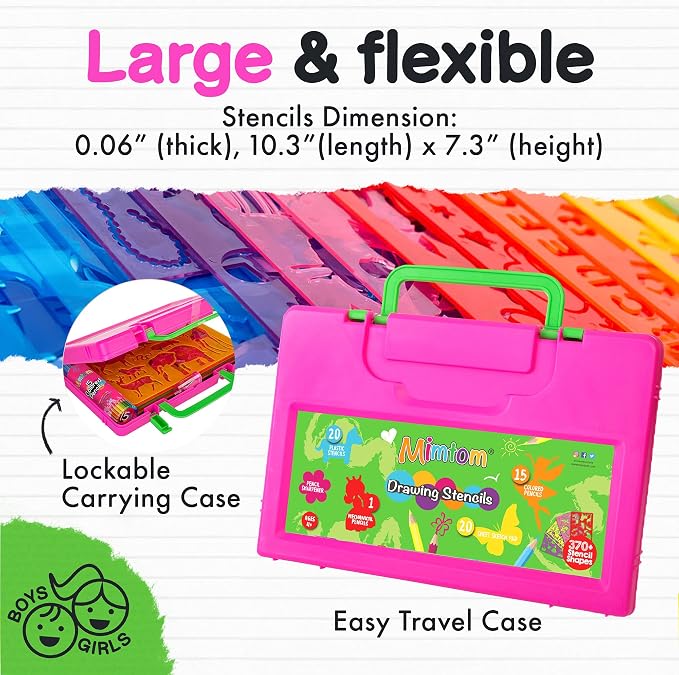 Drawing Stencil Kit for Kids, 60 PC Art Set with 370+ Shapes, Sketch Pad, and Colored Pencils for DIY Arts and Crafts for Boys and Girls, Draw with Letter, Animal and Car Stencils, Pink