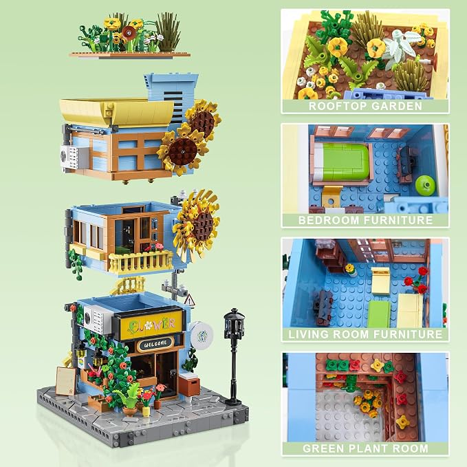 Sunflower House Building Set with LED Light, 3-Story Japanese Street View House Blocks, 1580PCS Creator Architecture Model Building Kit, Home Office Decor Gift for Adults