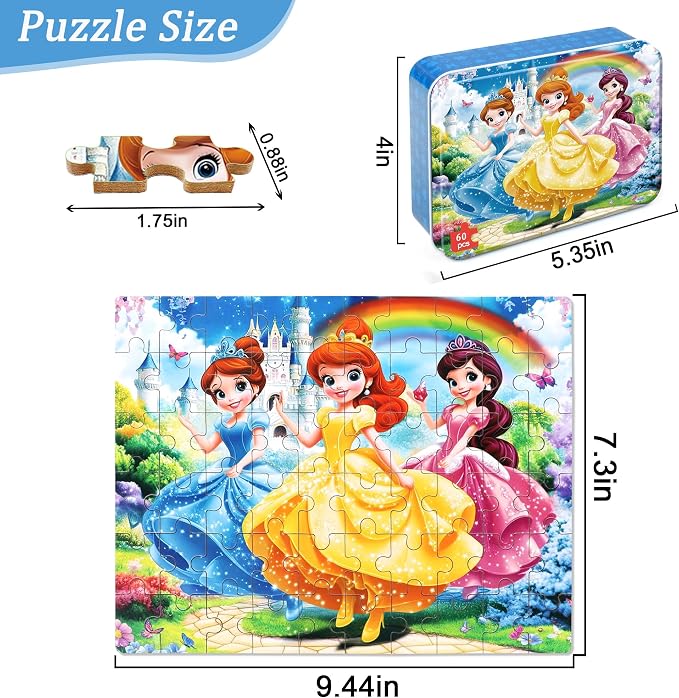 MZZOTOY Princess Puzzles for Kids Ages 4-8, 60 Pieces Jigsaw Puzzles for Kids Ages 3-5 Puzzle for Girls and Boys Learning Educational Puzzles Toys in a Metal Box