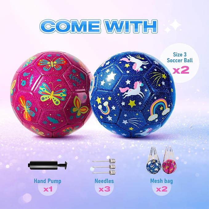 INPODAK Soccer Ball Size 3 Size 2 for Toddlers Kids 1-3 3-8, 1 or 2 Pack Cartoon Small Dinosaur Unicorn Soccer Ball Gifts for Girls Boys, Indoor Outdoor Sports Play Toys Birthday Gifts with Pump