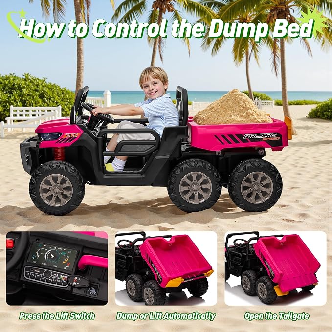24V Ride on Dump Truck, XL 2 Seater Ride on Cars with Remote Control, 4x200W Powerful Motors, 6-Wheel Suspensions, Electric Dump Bed, Shovel, Kids UTV for Boy Girl