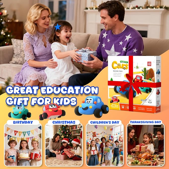 Air Dry Clay Kit for Kids - Pull Back Car Making, 3 Boxes Modeling Clay with Sculpting Tools, Base, Backing Board, Tutorial, Ultra Light & Soft, Non-Toxic & Safe, Creative DIY Arts and Crafts Toys