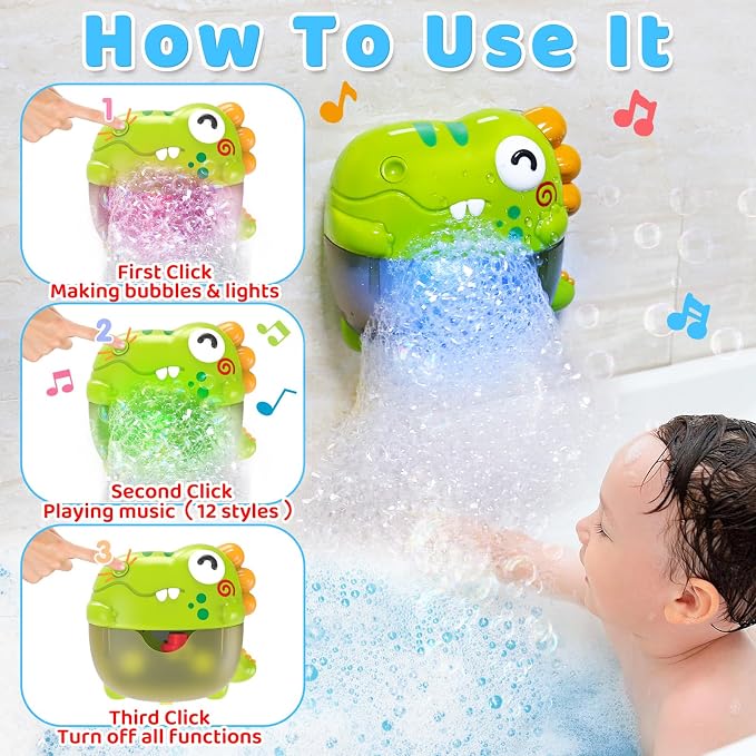 Light Up Dinosaur Bath Toys for Kids Ages 1-3 4-8, Bath Bubble Machine with Music, Bubble Maker for Bathtub, Floating Animal Bathtub Water Toys for Toddlers 2 3 4 5 Year Old Boys Girls Birthday Gift