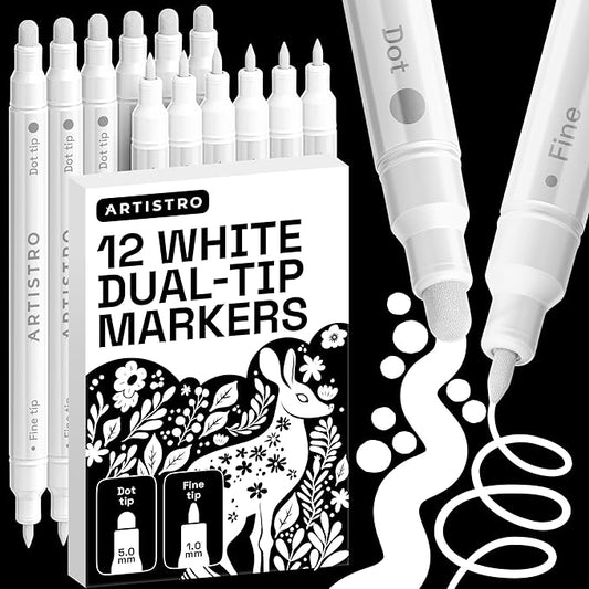 ARTISTRO 12 White Dual-Tip Acrylic Paint Markers – Paint Pens Set with Dot & Fine Tips for Fabric, Rock, Glass, Wood, Coloring Books – Arts & Crafts Gift – Classroom Must Haves & School Supplies