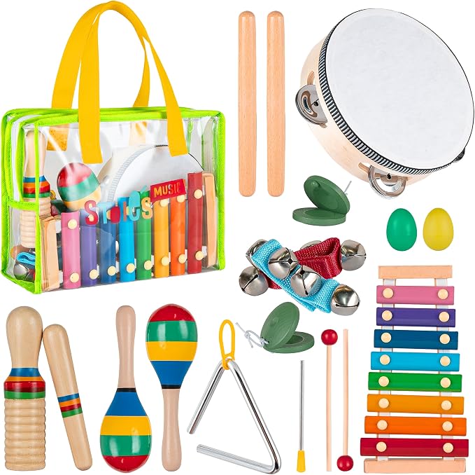 Stoie's Kids Musical Instruments Set – Wooden Percussion Instruments for Toddlers, Xylophone, Tambourine, Maracas, Music Toys for Toddlers, Preschool Musical Instruments