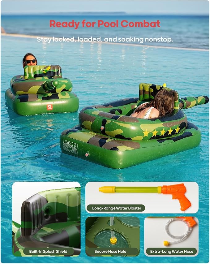 QPAU Inflatable Tank Pool Float for Adults & Kids – Ride-On Camouflage Floaty with Water Cannon, Swim Raft Toy for Boys Girls, Lake Beach Backyard Party Floaties