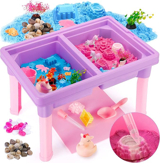 Carolart Unicorn & Axolotl 2-in-1 Sand Table & Water Table, Color-Changing Sand, Dual-Bin Sensory Table with Lid and Storage, Indoor Outdoor Activity Table for Toddlers Ages 3-8