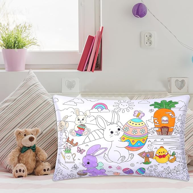 Mindsoft Coloring Craft Coloring Pillowcase Easter Bunny Pillowcase with 12 Pcs Markers Pens for Decoration Supplies Craft, 28.7 x 19.7 Inch