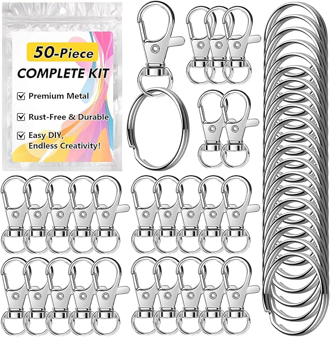 Bonison 50 PCS Keychain Making Kit with Lobster Claw Clasps & Key Rings – Keychain Clip with Key Ring Craft Supplies for DIY Keychains, Jewelry & Lanyard Projects
