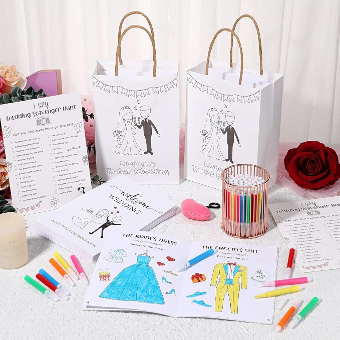 Gueevin 48 Pcs Wedding Activities for Kids Coloring Books Individually Packaged Wedding Coloring Books Gift Goodie Bags and Scavenger Hunt Sheets for Kids Games Favors (Watercolor Pens)