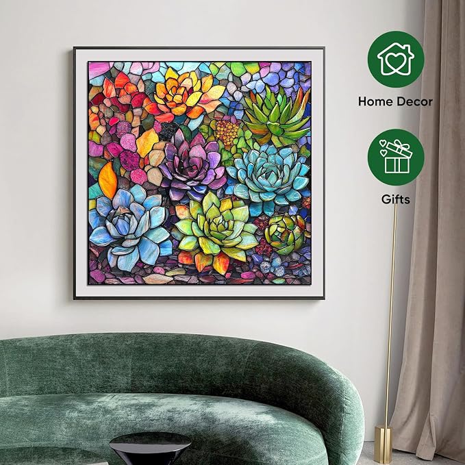 Delobi Stained Glass Puzzle Succulent Wooden Puzzles for Adults 200 Pieces, Unique Challenging Jigsaw Puzzles Gift for Friends Family Game Medium Size 11.2'' x11.2''