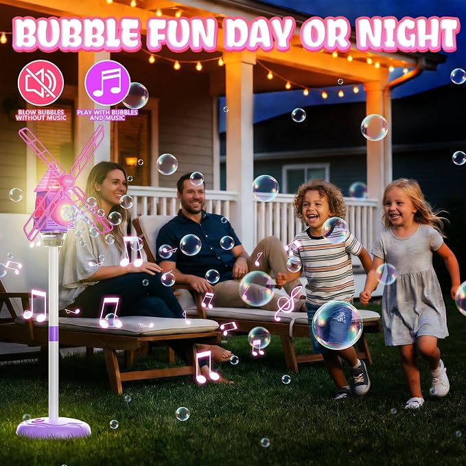 Belemar Windmill Bubble Machine for Kids, Summer Pool Party Bubble Blower with Lights & Music, 51" Adjustable Height, 130ml Tank, Bubble Solution Included, Outdoor Toy for Parties & Birthdays