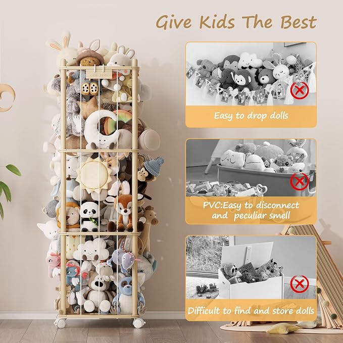 EXPERLAM Stuffed Animal Storage Zoo with Wheels, Montessori-Inspired Solid Pine Wood Plush Toy Organizer, Tall Stuffed Animal Holder with Thick Elastic Cords for Kids Room, Nursery,and Bedroom,Large