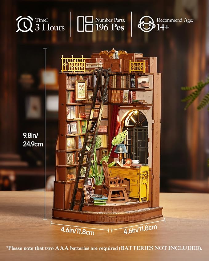 ROBOTIME DIY Miniature Dollhouse Kit, Mini House Book Nook Kits Bookshelf Decor, Vintage Bookstore with Led Light, 3D Wooden Puzzle Gifts for Adults Book Lovers Family Friends (Silent Corner Study)