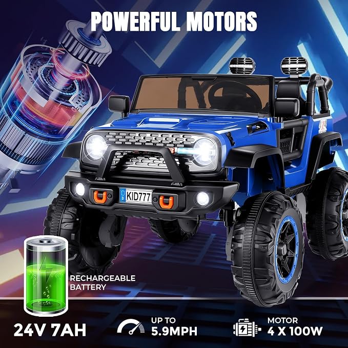 Hikole 24V Ride-on Car for Big Kids, 2 Seater Kids Ride Off-Road Car with Remote Control, Switchable 2WD/4WD, Extra Large 20" Seats, Spring Suspension, Music, 5.9MPH - Blue