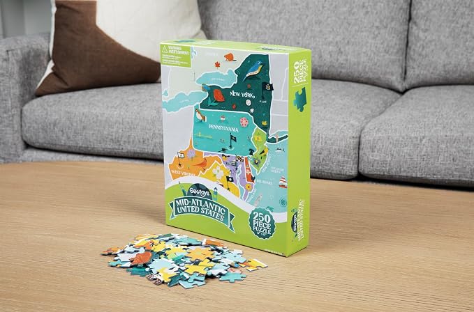 Geotoys Mid-Atlantic Region Jigsaw Puzzle - Educational and Interactive Map Game - 250 Piece Puzzles - Jigsaw Puzzles for Kids Ages 8-12 - Kids Puzzle Games with Colorful Landmarks
