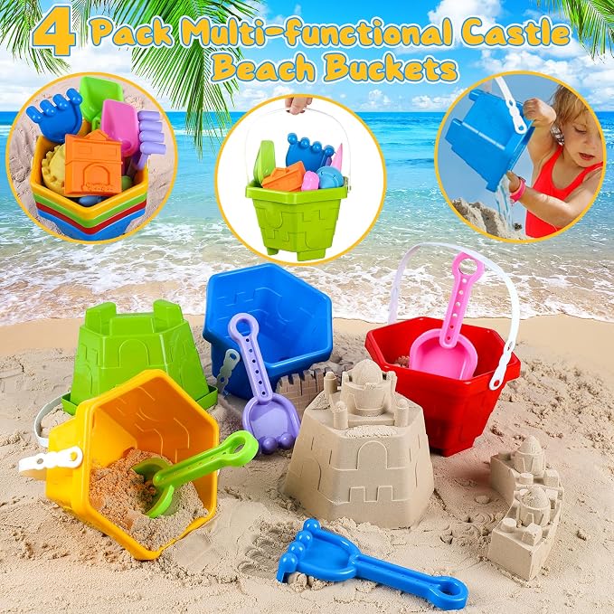 HUUIDY Beach Toys for Kids, Sand Toys with 4 Sand Buckets and Shovels for Kids, Sand Castle Building Kit with Mesh Bag & Molds, Travel Beach Essentials Sandbox Toys for Toddlers Boys Girls Age 4-12