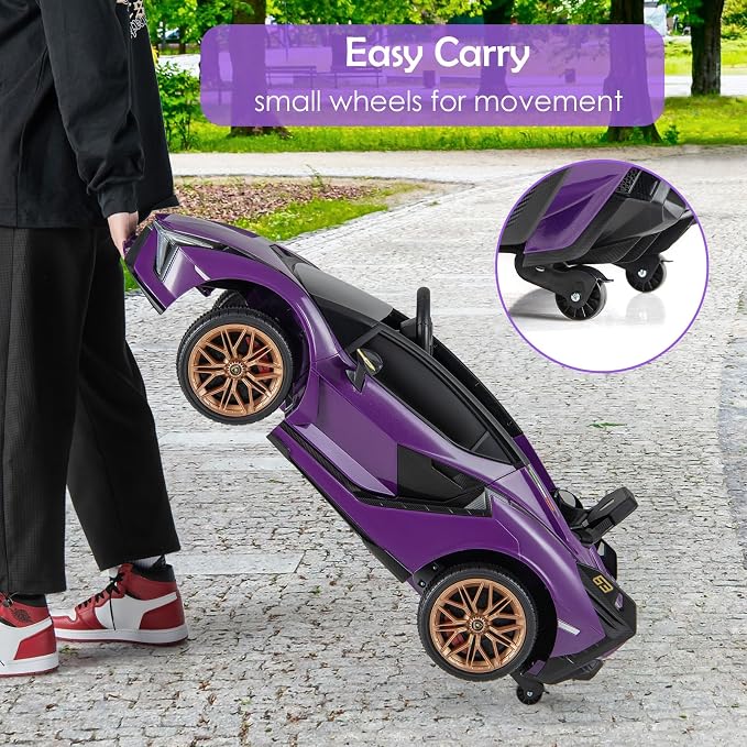 OLAKIDS Kids 12V Licensed Lamborghini SIAN Ride On Car, Electric Vehicle for Toddler with Control Remote, Battery Powered Toy with Music, Horn, 2 Speeds, Suspension, LED Lights, Bluetooth (Purple)
