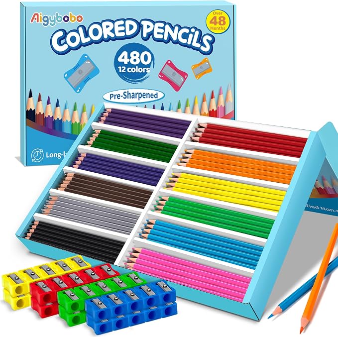480 Count Colored Pencils Bulk for Classrrom, Color Pencils for Kids in 12 Vibrant Colors, Pre-sharpened Coloring Pencils Set Plus 40 Sharpeners, Bulk Pack Colored Pencils for Back to School Supplies