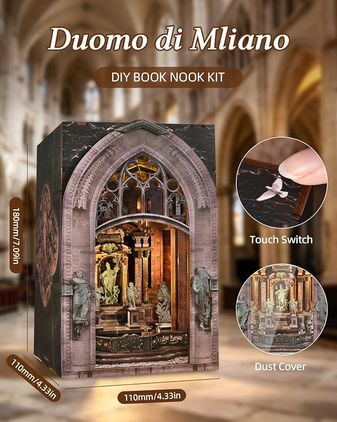 CCCDF DIY Dollhouse Kit, Gothic Architecture Miniature with Dust Cover, Easy Assembly Wooden Craft for Adults Bookshelf Decor (Duomo di Milano)