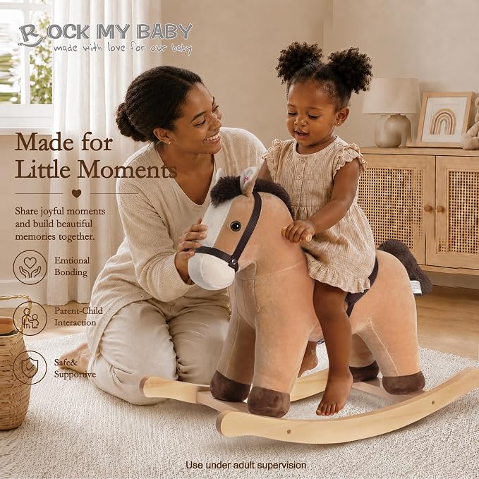 Rock My Baby Rocking Horse, Rocking Animal with Realistic Sound, Stuffed Rocker for Toddlers 18M+, Soft Filling Ride on Pony, Light Brown Horse, CPC Certified