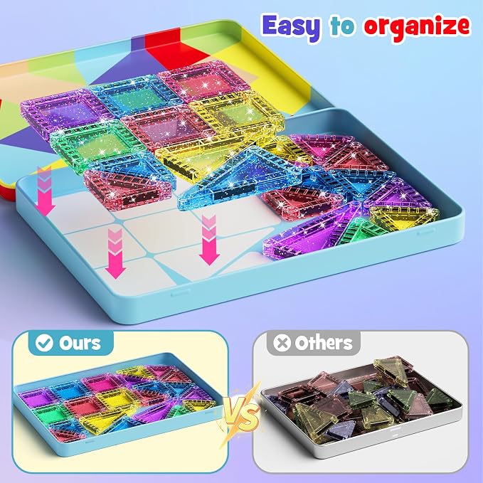 42 Pcs Mini Travel Glitter Magnetic Tiles Magnetic Block Set with Storage Box - STEM Educational Sensory Preschool Building Toy for Toddlers, Ideal Kids Gifts for Ages 2 3 4 5 6