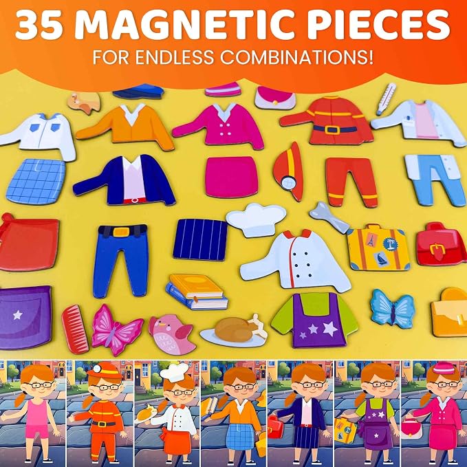 Quokka Magnetic Dress-Up Dolls for Girls Boys with 35 Magnetic Pieces - Creative Magnetic Play Set for Home or Travel - Perfect Magnetic Paper Dolls for Ages 3+, Boost Storytelling with Professions