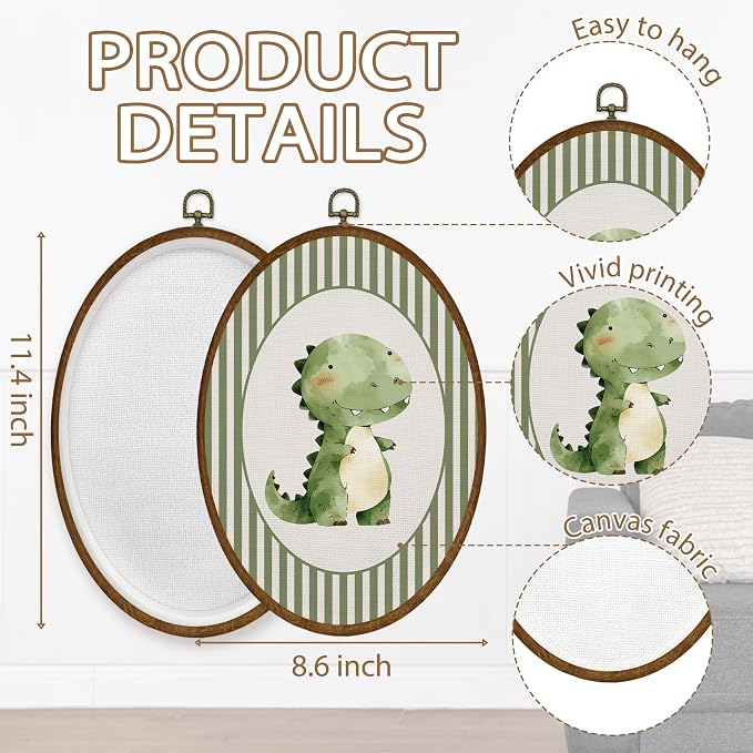 WULQYING Vintage Dinosaur Nursery Wall Art Decor, Boys Room Oval Framed Canvas Art Prints, Green Striped Dino Dinosaur Wall Hanging Decor for Kids Toddler Boys Room Bedroom Playroom, 8.6x11.4 Inches